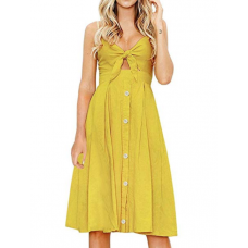 Vestido Midi com Botões e Decote Laço Amarelo